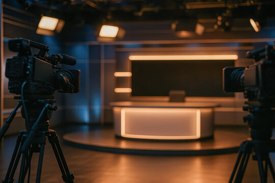 Empty modern television news studio with professional cameras and ambient lighting ready for live broadcasting