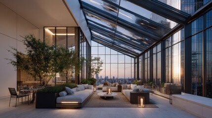 Sleek rooftop space with glass-enclosed lounge area and airy outdoor seating