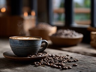 Steaming latte art on rustic coffee beans scene