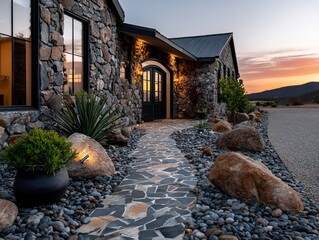 Stone house entryway path at sunset