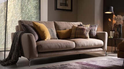 Soft-toned sofa in a contemporary living room with gentle lighting and layered textures