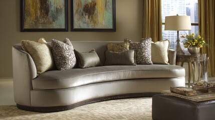 Soft curved-back sofa against a natural color palette, creating a warm modern retreat
