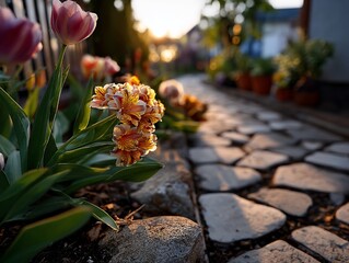 Sunlit garden path with blooming flowers