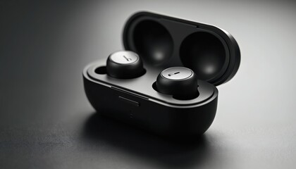 Pair of wireless earbuds with customizable charging case. Modern design, tech gadget, smart accessories, perfect for music, calls, audiobooks. Isolated on black, white background. Product mockup,