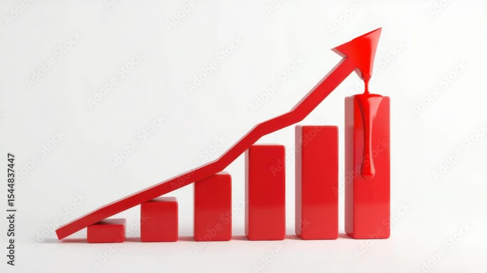 Poster a red bar graph with an upward trending arrow symbolizing growth and success on a plain white backgr