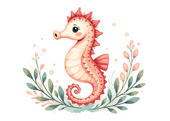 Fototapeta premium Adorable Coral Seahorse with Floral Accents, Perfect for Baby Decor