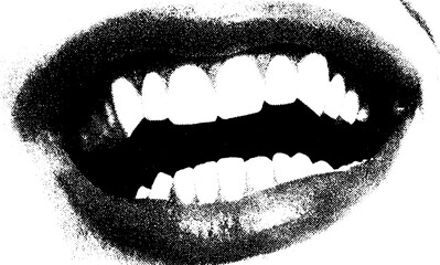 Fototapeta premium Halloween vampire mouth showing stained teeth in high contrast design for posters and prints