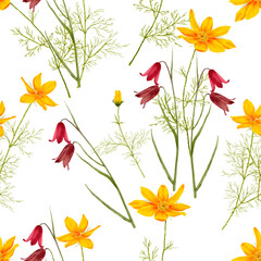 Summer yellow and red flowers. Seamless pattern on a white background with red bellflowers and yellow cosmos.