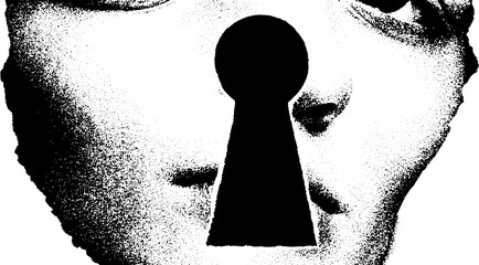 Surreal vintage keyhole over face in high contrast black and white