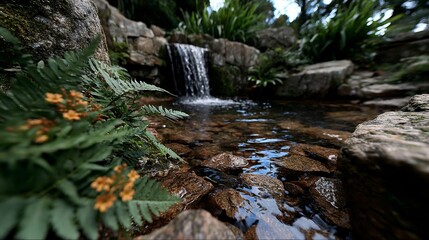Tranquil waterfall cascades into shallow pool