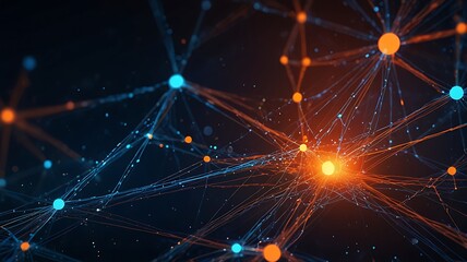 Fototapeta premium Abstract network connecting orange and blue nodes with glowing lines on dark background