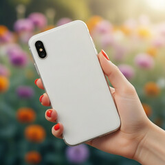 Female Hand Red Nails Blank White Smartphone Dual Cameras Vibrant Blooming Flowers Outdoor Lifestyle Product Mockup Elegant Tech Device Mobile App Branding Spring Summer