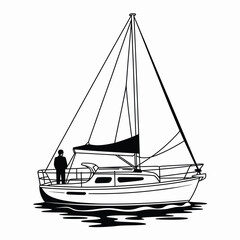 Sailboat Illustration with Person on Deck in Black and White