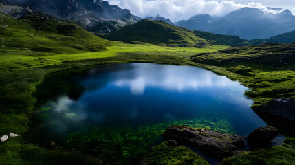 A vibrant blue mountain lake with pristine water surrounded by green meadows and rugged peaks.