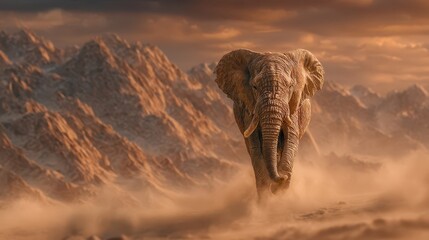 Fototapeta premium A majestic elephant strides away, surrounded by a dry and dusty landscape. The rugged mountains glisten under the warm light of sunset, creating a breathtaking view of nature's beauty