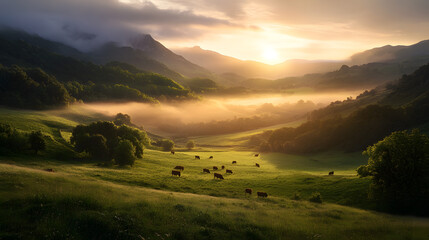 A vibrant green alpine pasture with cows grazing under a golden sunrise, mist hovering over the rolling hills.