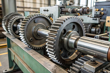 Close-up of moving metal industrial gears (machine)