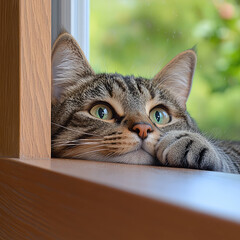Curious tabby cat resting on wooden windowsill with green eyes looking outside peacefully