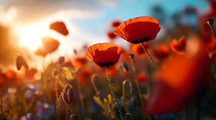 A wide view of a vibrant wild poppy field, with delicate red flowers swaying in the summer breeze beneath a bright and cloudless blue sky.