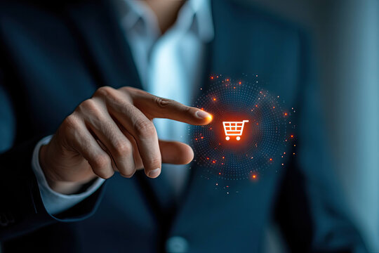 Businessman touching glowing shopping cart icon with digital effect in dark background