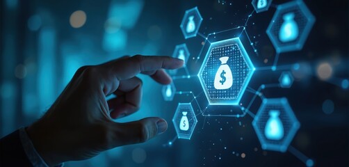 Hand touches digital money bag icon network, symbol of investment, finance, savings. Conceptual image of financial growth, banking, economy. Future tech and business strategy.