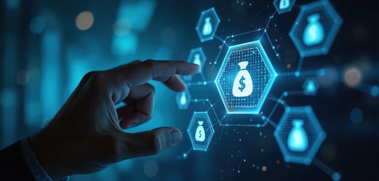 Hand touches digital money bag icon network, symbol of investment, finance, savings. Conceptual image of financial growth, banking, economy. Future tech and business strategy. - Powered by Adobe