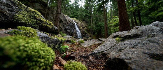 Verdant mossy rocks frame woodland waterfall