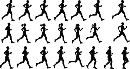 Silhouettes of running people in various athletic poses, men and women jogging or sprinting, fitness lifestyle concept, black vector design for health, exercise, motion graphics