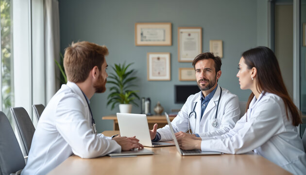 Medical team doctors discuss patient treatment plan, using laptop. Male, female physicians wearing lab coats, stethoscopes. Healthcare workers meeting in office. Modern medicine clinic, teamwork,