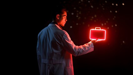 A doctor hand pressing a digital button on a touch screen Holographic Medical Briefcase