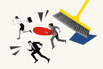 Trend image full photo collage of screaming business people girl guys run exit broom wipe...