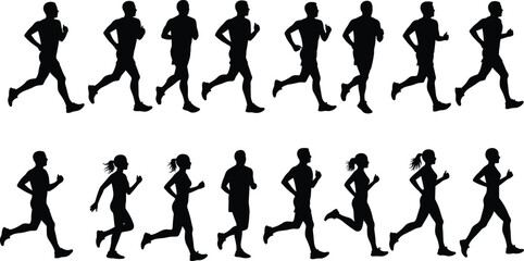 Running silhouette collection of men and women, jogging motion, fitness athlete figures, marathon training design, outdoor exercise, health lifestyle, black vector human body movement