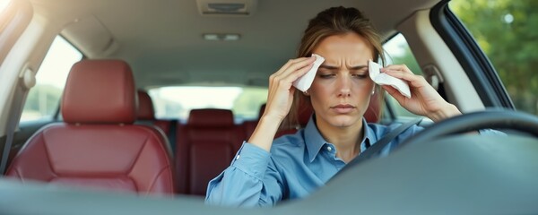 Tired businesswoman driving car hot summer. Woman wipes sweat forehead, air conditioning broken. Overheated, exhausted driver stressed by heat. Transport travel problem, car malfunction.