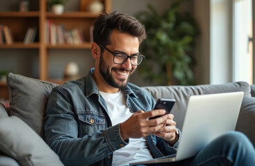 Smiling man checks social media on phone, laptop. Wearing glasses, dressed casually. Man sits on sofa in cozy interior with home decor. Freelancer student working from home using mobile devices.