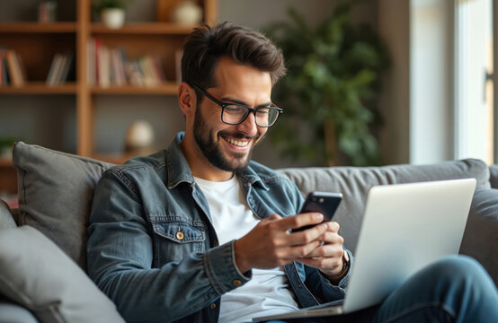 Smiling man checks social media on phone, laptop. Wearing glasses, dressed casually. Man sits on sofa in cozy interior with home decor. Freelancer student working from home using mobile devices.
