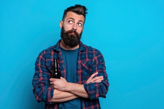 Bearded man in plaid shirt holding beer looking up thoughtfully against blue backdrop - Powered by Adobe
