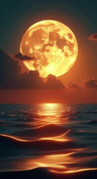 beautiful sunset ocean full moon sky illuminated light surrounded clouds water calm still r