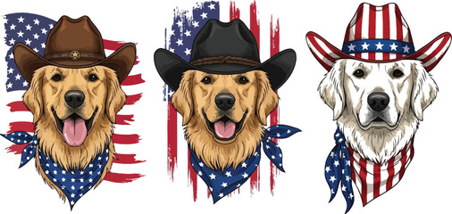 Three golden retrievers wearing cowboy hats with american flag themes