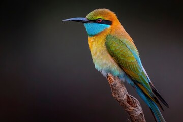 Obraz premium Beeeater on a branch colorful feathers black beak red eye gray background