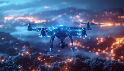 Naklejka premium a drone that is tracking the area, thousands of glowing fireflies are sticking to the surface of the drone.
