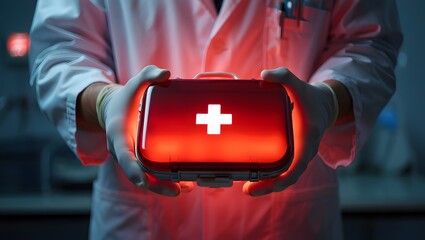 First aid kit and medical cross symbol for emergency health care on the road