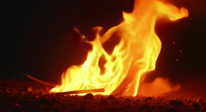 large fire burning middle desert night flames reaching sky stones ground illuminated