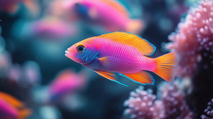 Obraz premium Fluorescent Aquarium Fish Swimming in Dark Tank with Glowing Colors
