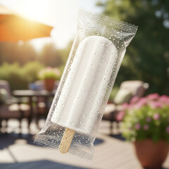 Refreshing White Popsicle Mockup Condensation Covered Ice Pop in Clear Packaging Floating Against Sunny Outdoor Patio for Summer Treats Dessert Branding