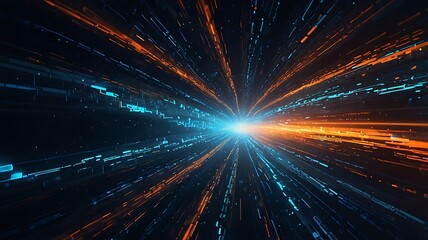 Abstract digital tunnel with orange and blue light streaks converging at a point