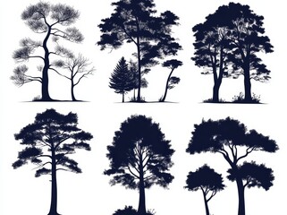 Fototapeta premium Monochrome style illustration of vintage trees and forest silhouettes showcases a collection of modern evergreen coniferous forest trees