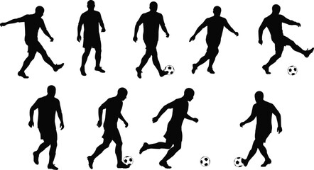 Silhouettes of football players in action with soccer balls, black vector illustration, various poses, athletic sports design, running, kicking, dribbling, isolated on white background