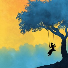 Watercolor illustration of girl silhouette on swing.