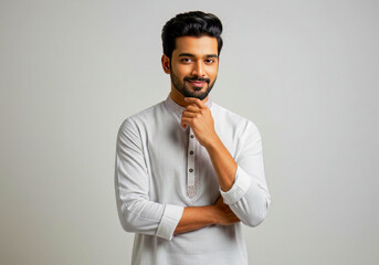 Confident Young Indian Man in Traditional White Kurta Shirt Studio Portrait