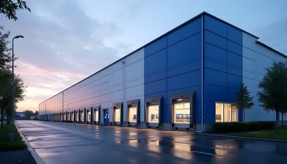Obraz premium Modern Warehouse Complex with Multiple Loading Docks at Sunset – Blue and White Exterior with Wet Paved Parking and Tree-Lined Property